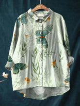 Women's Artistic Butterfly Flowers Print Casual Cotton And Linen Ruffle Shirt